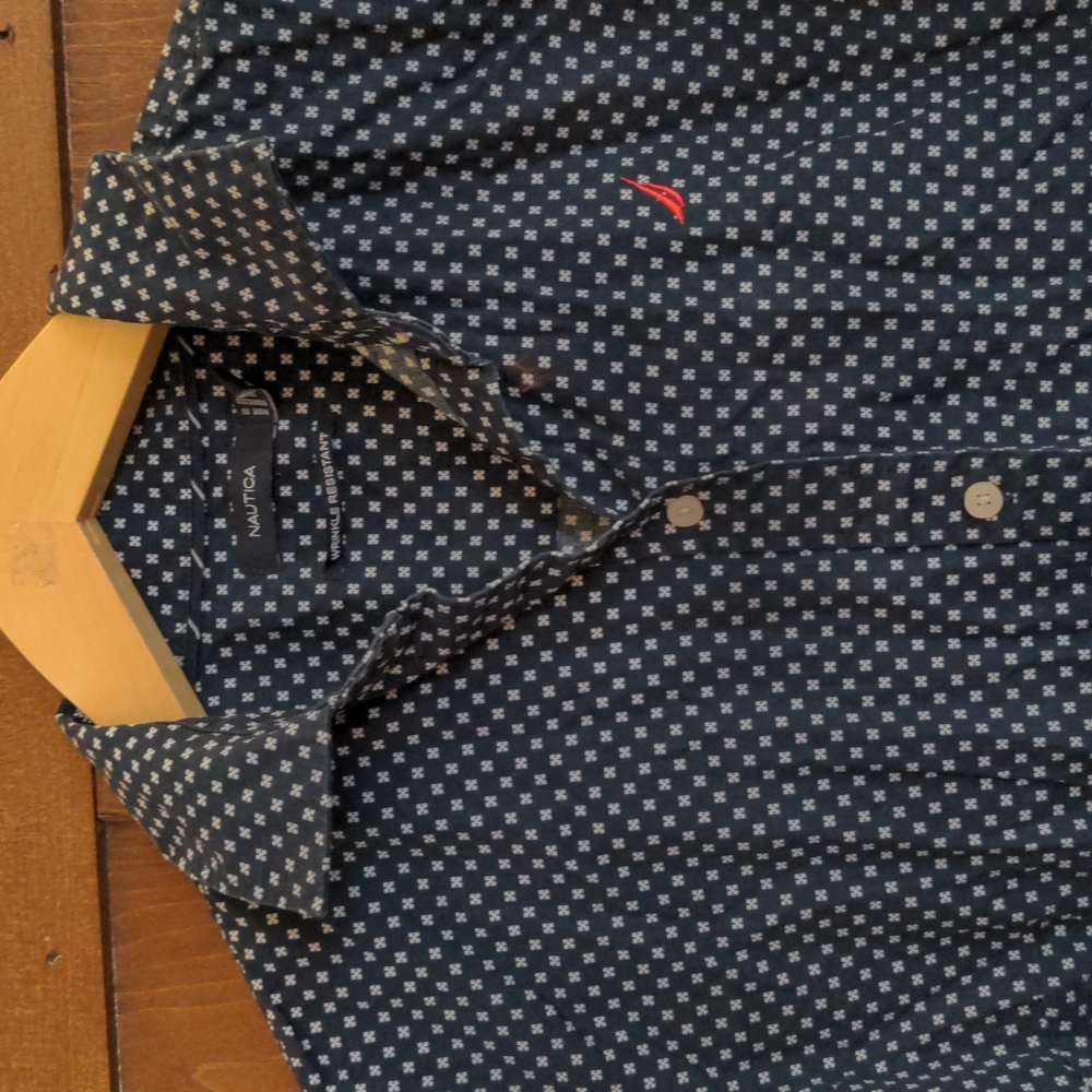 Nautica, 3/4 sleeve, navy white print, collared cotton shirt
